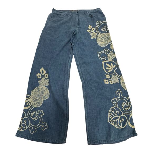 Lauren Jeans Co Ralph Lauren 100% Linen Wide Leg Cropped Blue Floral Pants 14 - Picture 1 of 4